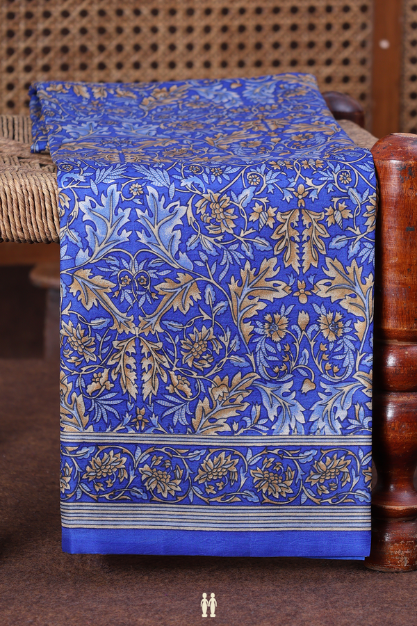 Printed Silk Saree In Cobalt Blue With Floral Design