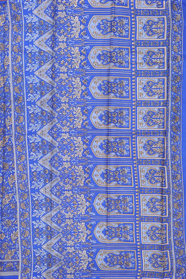 Printed Silk Saree In Cobalt Blue With Floral Design