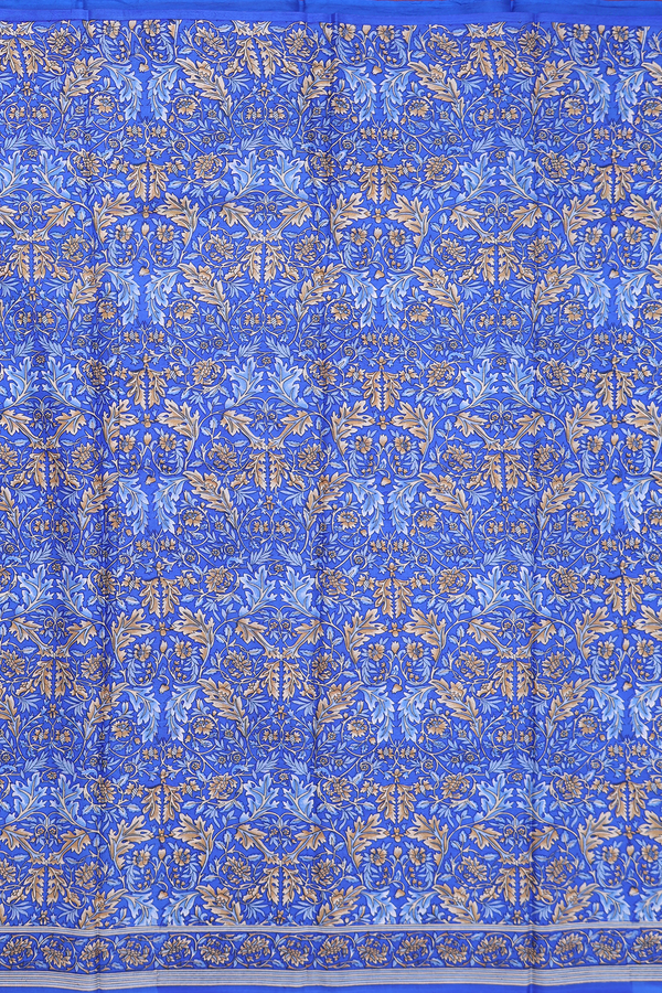 Printed Silk Saree In Cobalt Blue With Floral Design