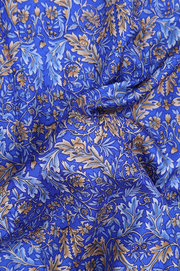 Printed Silk Saree In Cobalt Blue With Floral Design