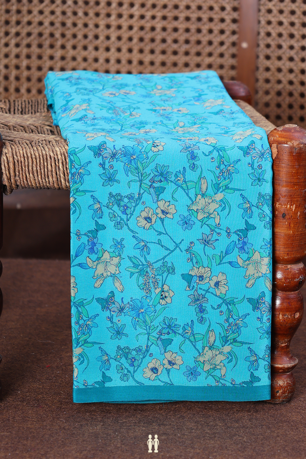 Crepe Saree In Cerulean Blue With Floral Design