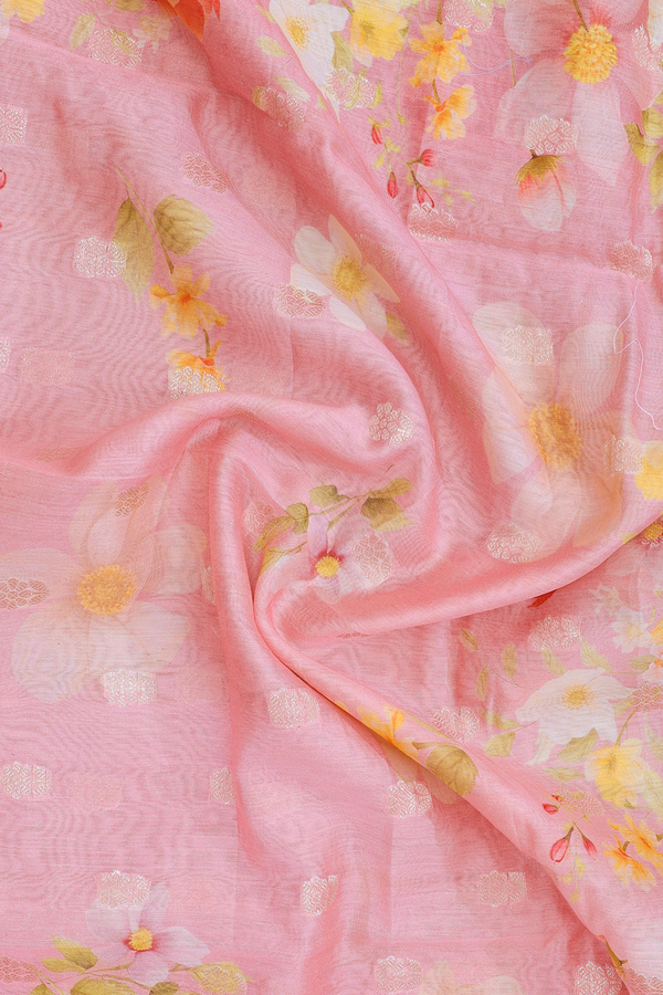 Floral Printed Design Pastel Pink Chanderi Dupatta