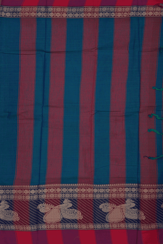 Threadwork Border Plain Peacock Blue Chettinadu Cotton Saree