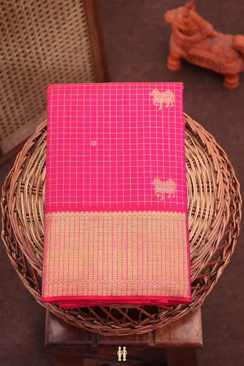 Kanchipuram Silk Saree In Rose Red With Checks Along Buttas