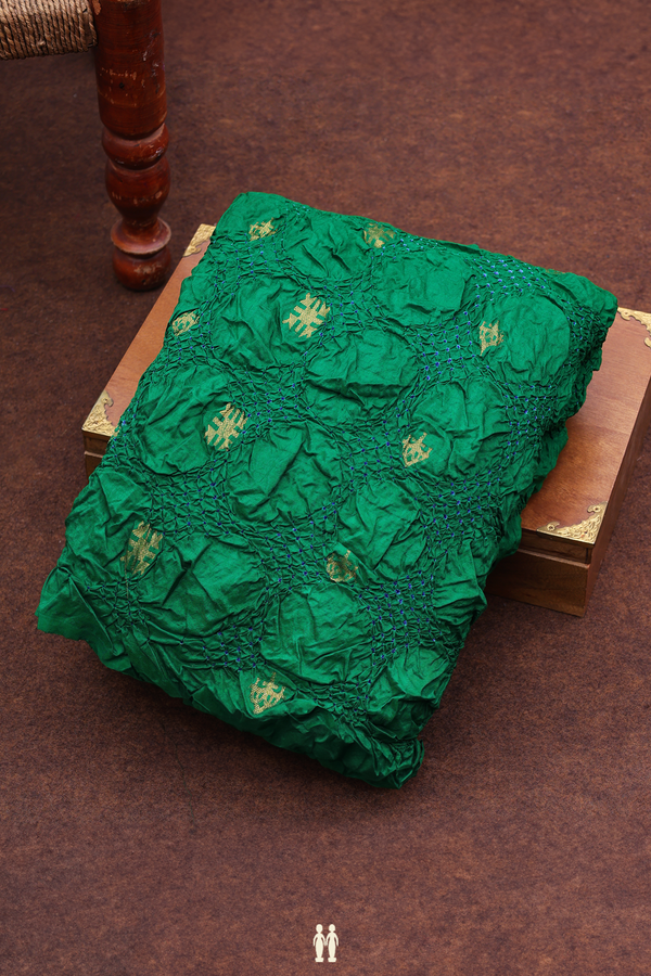 Bandhani Silk Saree In Emerald Green With Zari Buttas