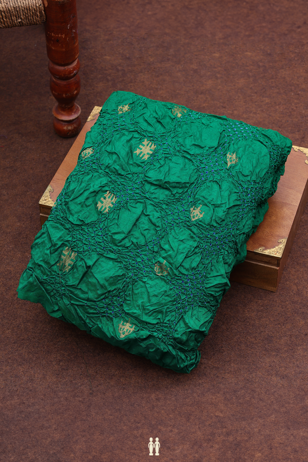 Bandhani Silk Saree In Emerald Green With Zari Buttas