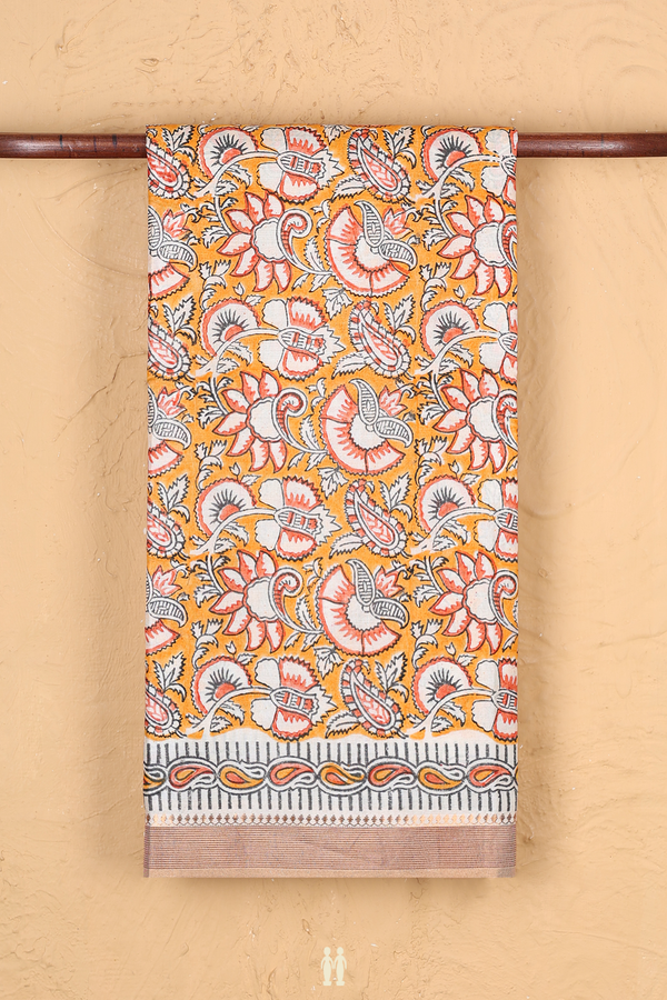 Tussar Silk Saree In Orange With Floral Printed Design
