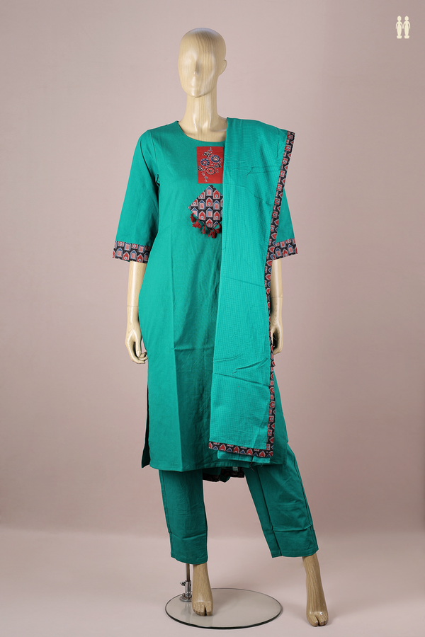 Round Neck Patch Work Green Cotton Salwar Set