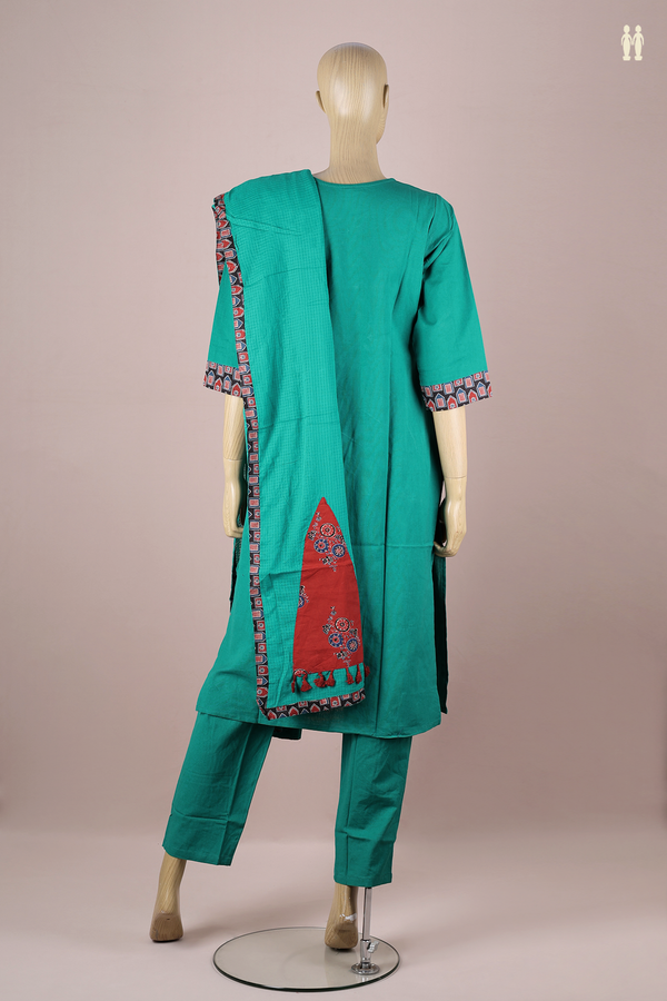 Round Neck Patch Work Green Cotton Salwar Set
