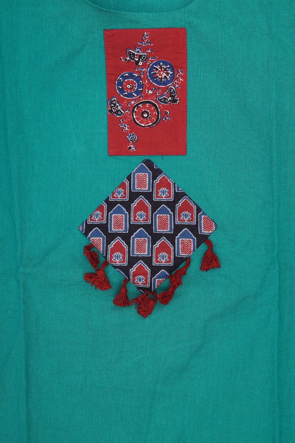 Round Neck Patch Work Green Cotton Salwar Set