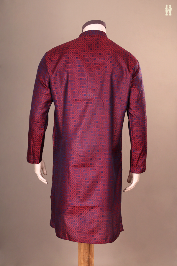 Chinese Collar Threadwork Design Red Banarasi Long Kurta