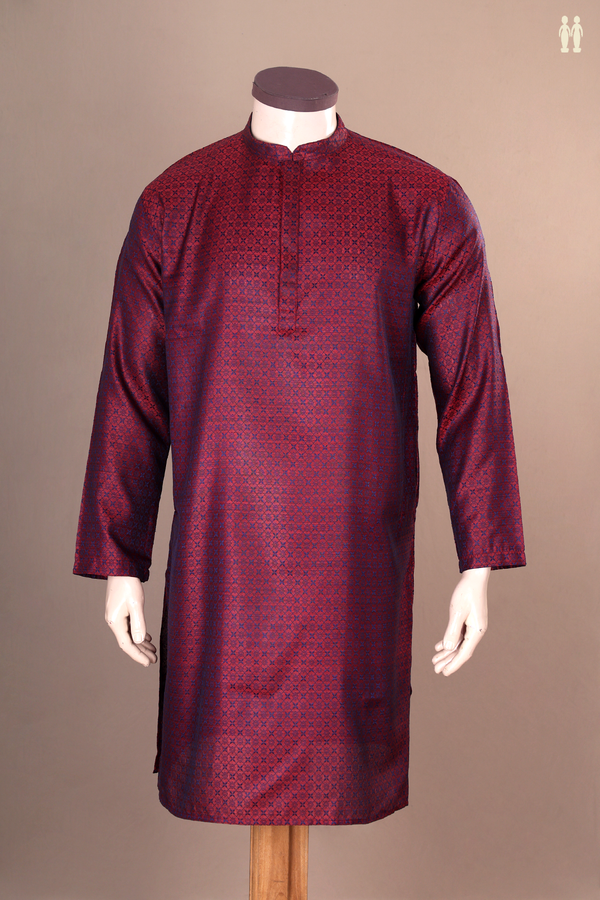 Chinese Collar Threadwork Design Red Banarasi Long Kurta