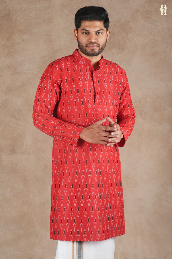 Chinese Collar Printed Design Red Ikat Cotton Long Kurta