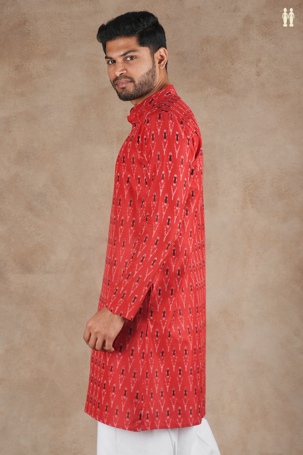 Chinese Collar Printed Design Red Ikat Cotton Long Kurta