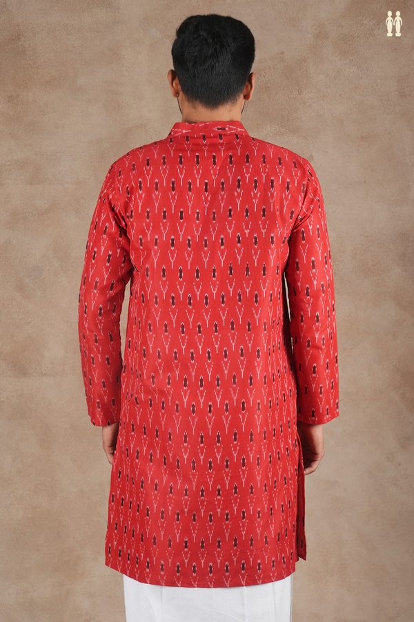 Chinese Collar Printed Design Red Ikat Cotton Long Kurta