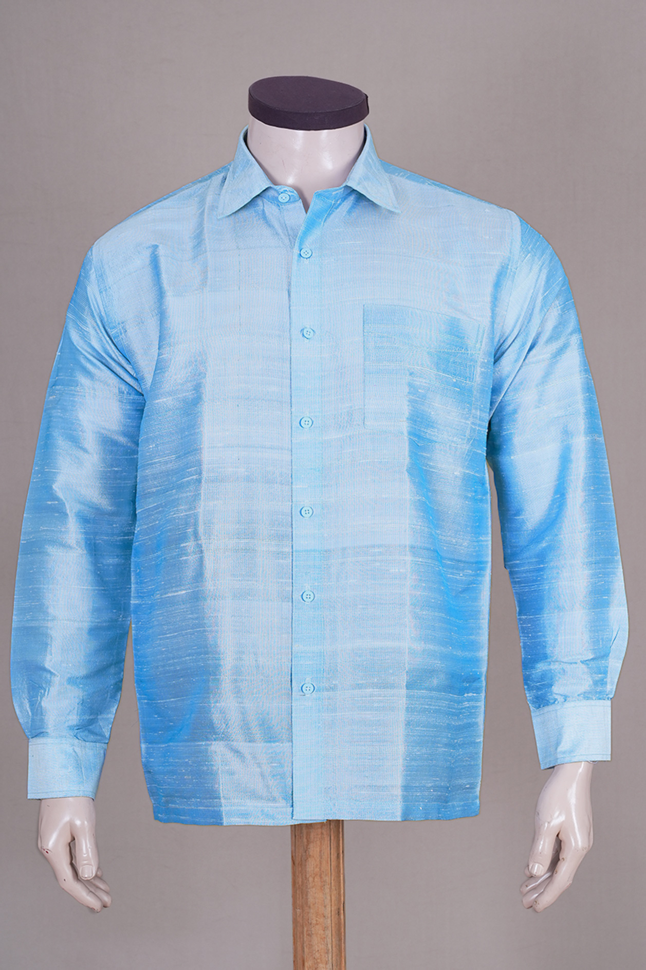 Regular Collar Blue Raw Silk Shirt