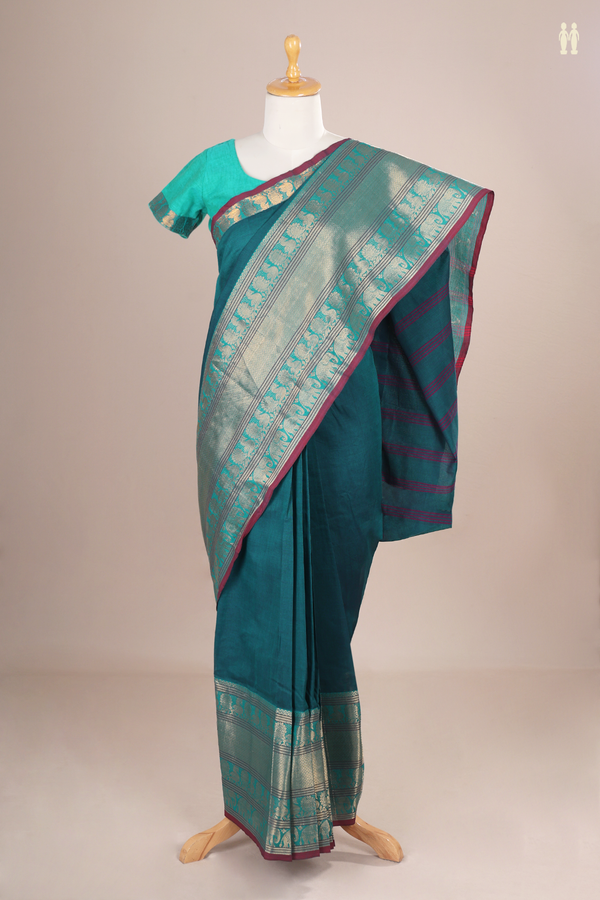 Readymade Cotton Saree In Teal Blue With Traditional Border