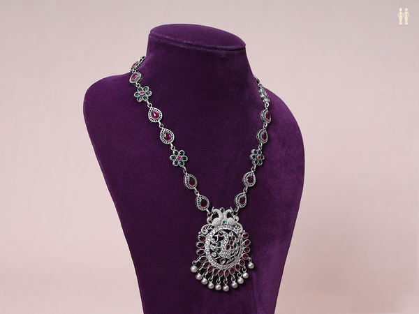 Peacock And Floral Design Pure Silver Long Necklace