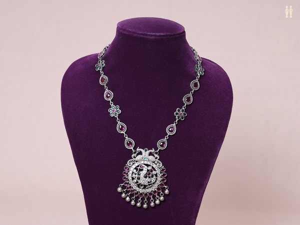 Peacock And Floral Design Pure Silver Long Necklace