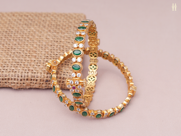 Emerald And Crystal Stone Gold Plated Silver Screw Bangles