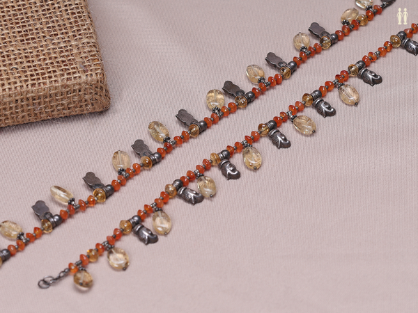 Pair Of Orange Beads With Oxidized Pure Silver Anklets