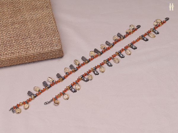 Pair Of Orange Beads With Oxidized Pure Silver Anklets