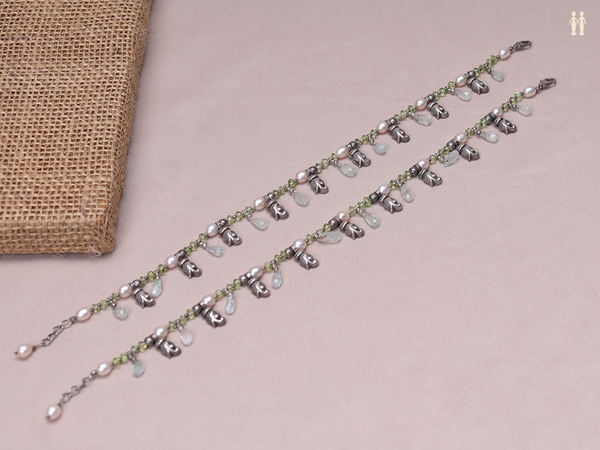Pair Of Green Beads With Oxidized Pure Silver Anklets