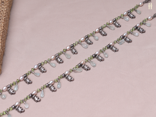 Pair Of Green Beads With Oxidized Pure Silver Anklets