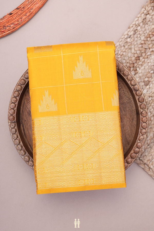 Kanchipuram Silk Saree In Mango Yellow With Checks Design