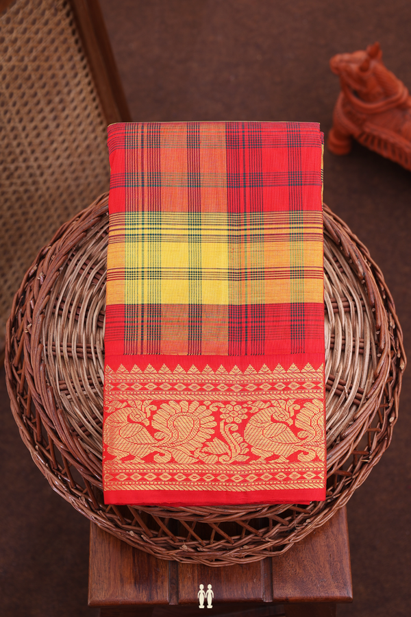 Kanchipuram Silk Saree In Red And Yellow With Checks Design