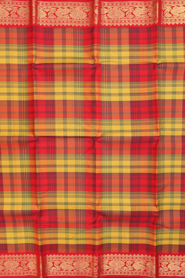 Kanchipuram Silk Saree In Red And Yellow With Checks Design