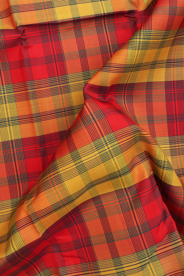 Kanchipuram Silk Saree In Red And Yellow With Checks Design