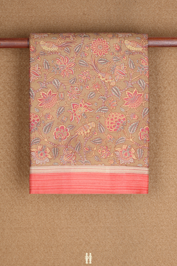 Allover Botanical Design Brown Printed Silk Saree