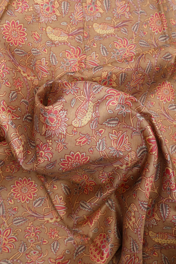Allover Botanical Design Brown Printed Silk Saree