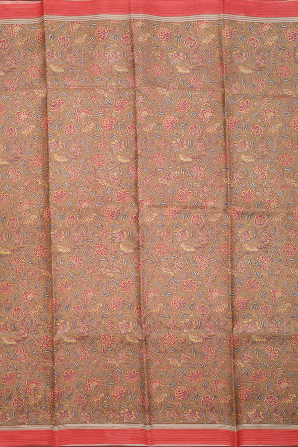 Allover Botanical Design Brown Printed Silk Saree