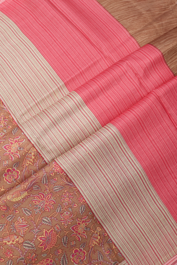 Allover Botanical Design Brown Printed Silk Saree