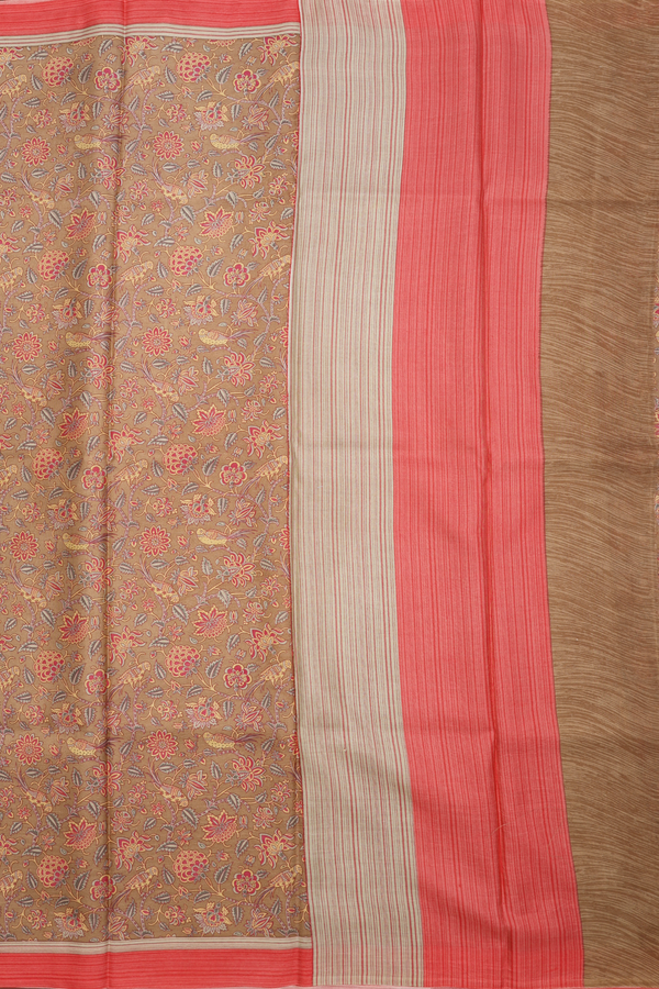 Allover Botanical Design Brown Printed Silk Saree