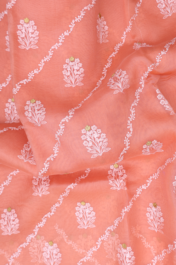 Organza Silk Saree In Blush Orange With Diagonal Design