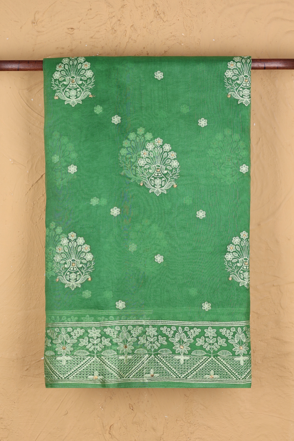 Organza Silk Saree In Fern Green With Embroidered Buttas