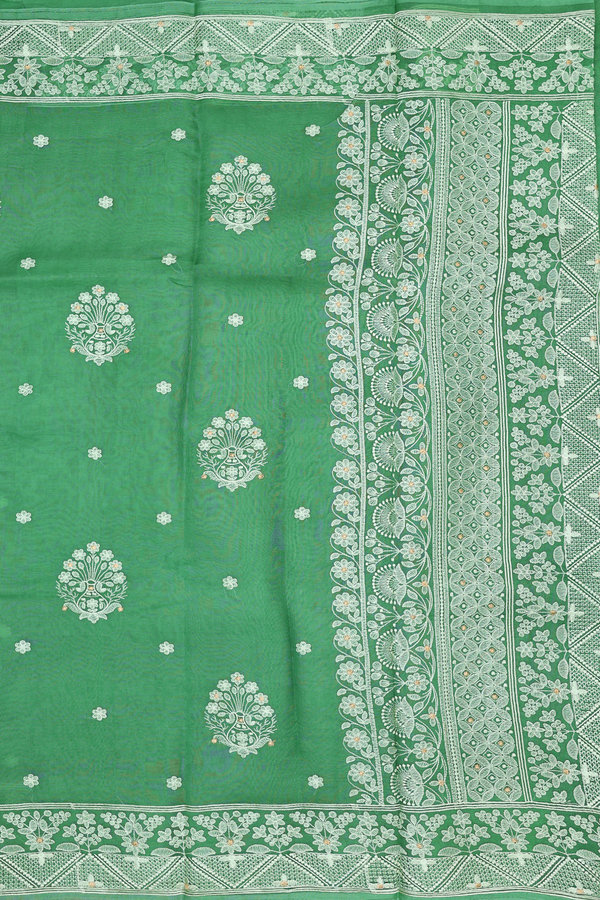 Organza Silk Saree In Fern Green With Embroidered Buttas