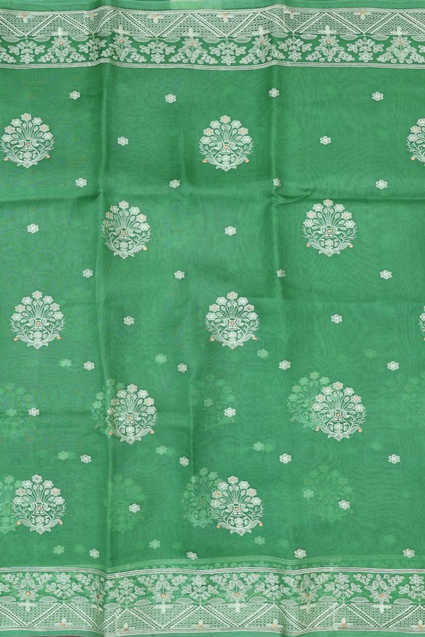 Organza Silk Saree In Fern Green With Embroidered Buttas