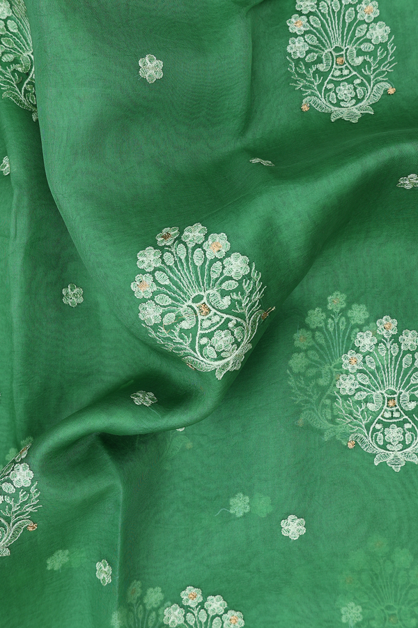 Organza Silk Saree In Fern Green With Embroidered Buttas