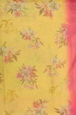 Contrast Zari Border With Floral Digital Printed Soft Yellow Semi Linen Silk Saree