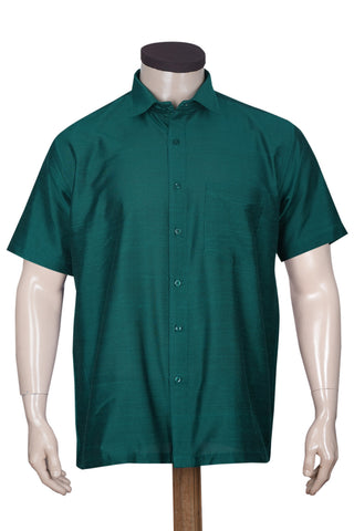 Regular Collar Solid Pine Green Raw Silk Shirt