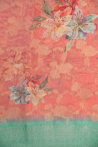 Contrast Border With Floral Digital Printed Bright Orange Semi Linen Silk Saree