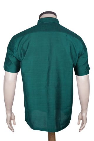 Regular Collar Solid Pine Green Raw Silk Shirt