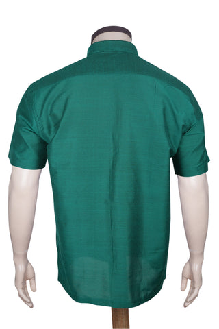 Regular Collar Solid Teal Green Raw Silk Shirt