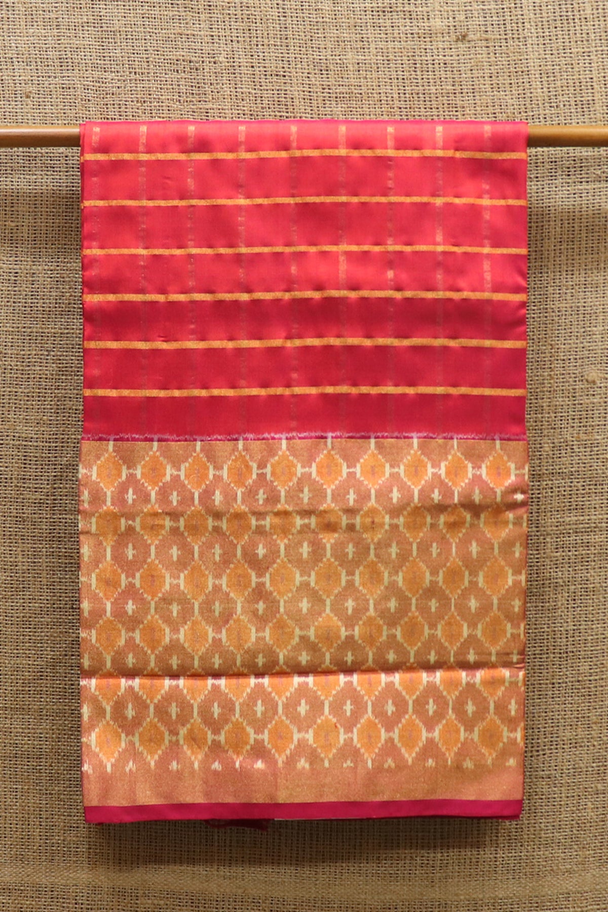 Ikat Design Border Coral Red Pochampally Silk saree