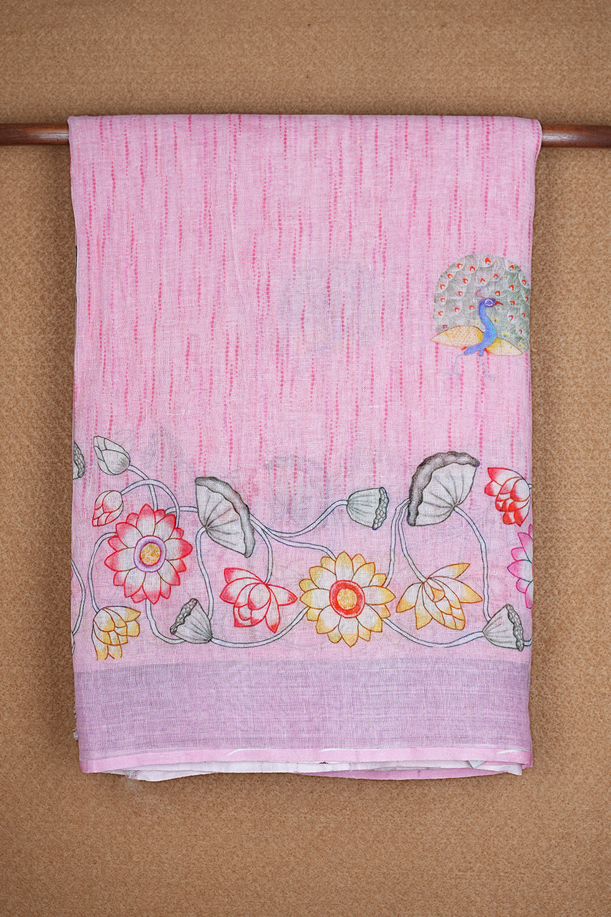 Floral And Peacock Printed Pastel Pink Linen Saree
