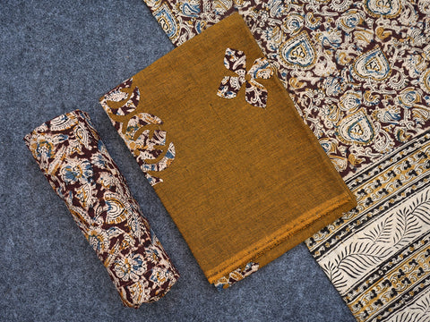 Patch Work Kalamkari Printed Mustard And Maroon Cotton Unstitched Salwar Material